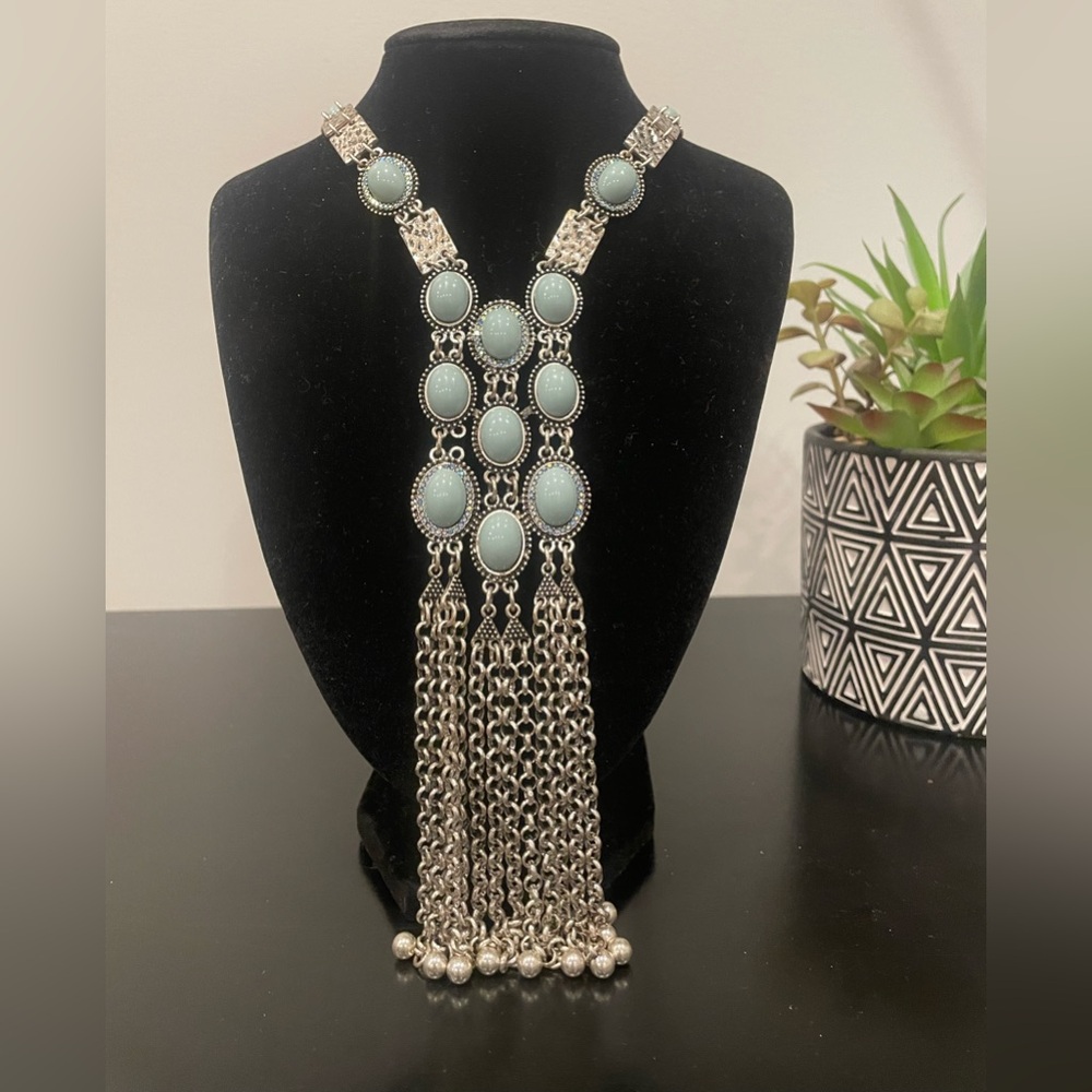 Lydell NYC  Boho Style Silver and Turquoise Statement Necklace 22.5” long